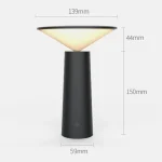 Lampe LED tactile noire avec dimensions détaillées, design compact et base cylindrique.