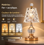 Lampe de chevet en cristal rechargeable avec trois teintes de lumière
