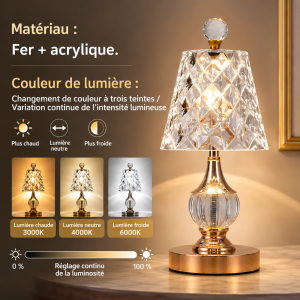 Lampe de chevet en cristal rechargeable avec trois teintes de lumière