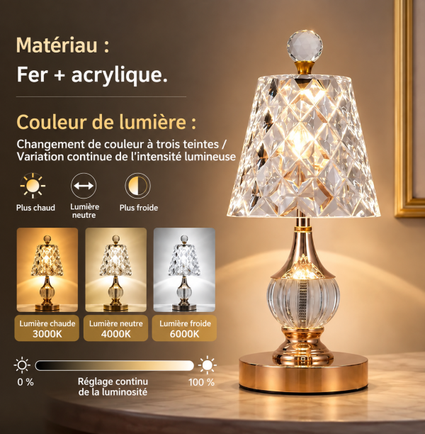 Lampe de chevet en cristal rechargeable avec trois teintes de lumière