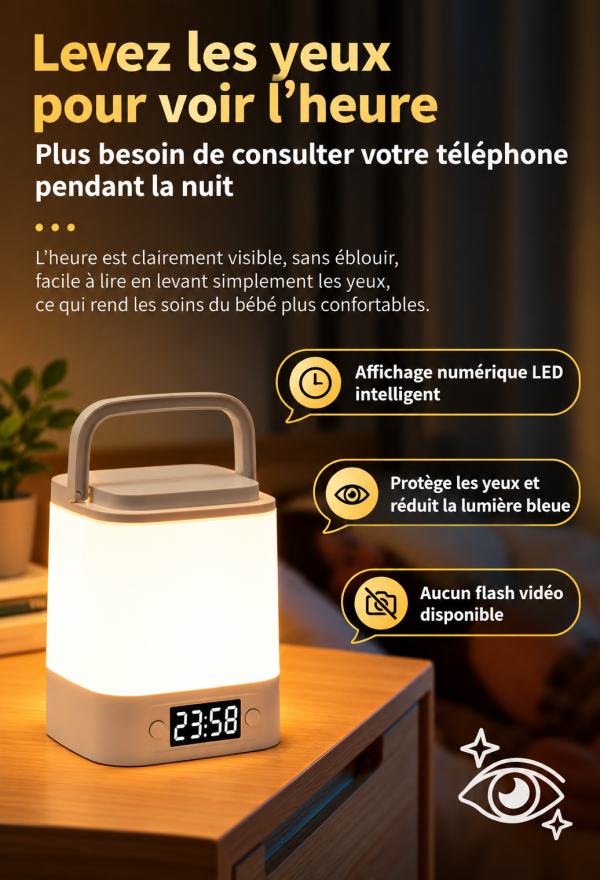 Lampe de chevet rechargeable avec horloge numérique et télécommande