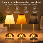 Lampe de table plissée rechargeable avec abat-jour en tissu
