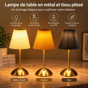Lampe de table plissée rechargeable avec abat-jour en tissu