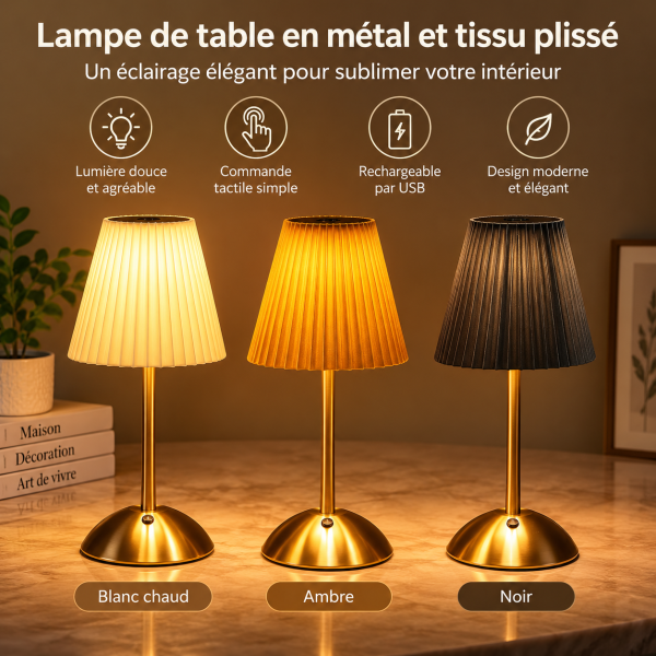 Lampe de table plissée rechargeable avec abat-jour en tissu