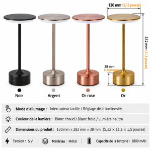 Lampe de table métal sans fil disponible en quatre coloris