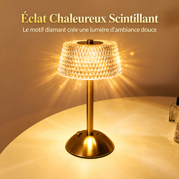 Lampe de chevet LED rechargeable dorée avec abat-jour diamant