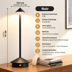 Lampe de table LED sans fil noire de 30 cm avec commande tactile et intensité réglable