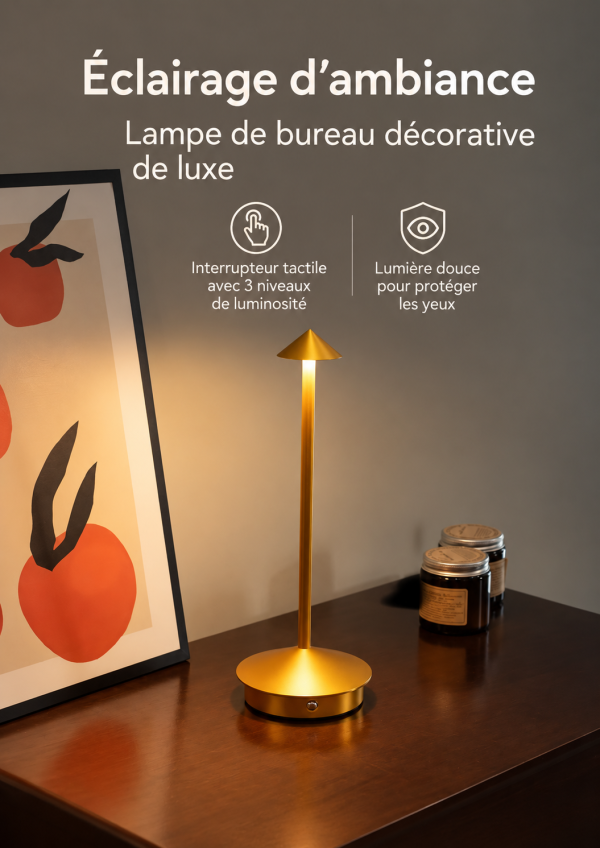 Lampe de chevet rechargeable en aluminium avec commande tactile
