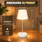 Lampe de table LED télescopique blanche avec dimensions de 11 × 11 × 30 cm, présentée sur un fond chaleureux