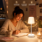Lampe de table LED télescopique blanche avec commande tactile et batterie rechargeable, dans un coin lecture chaleureux.